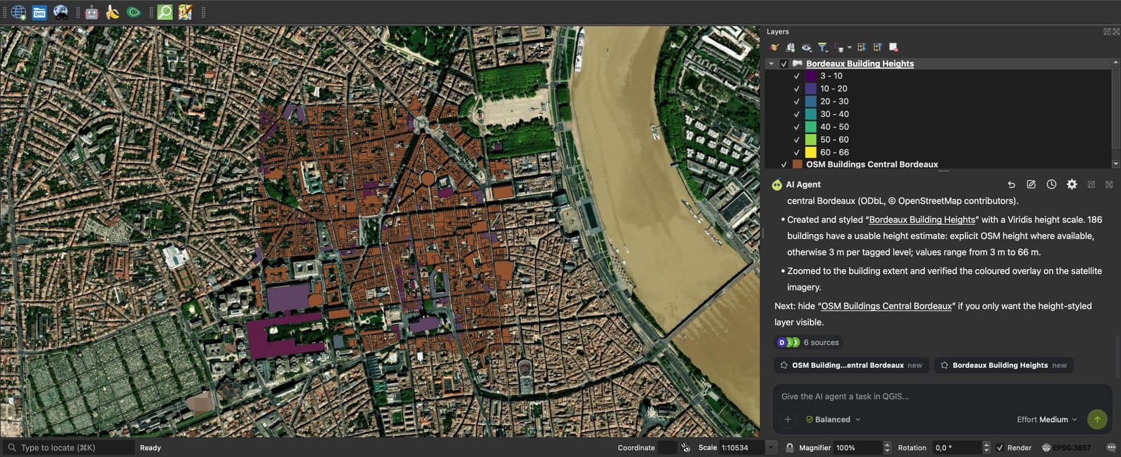 QGIS with the AI Agent panel open on the right and central Bordeaux buildings coloured by height over satellite imagery
