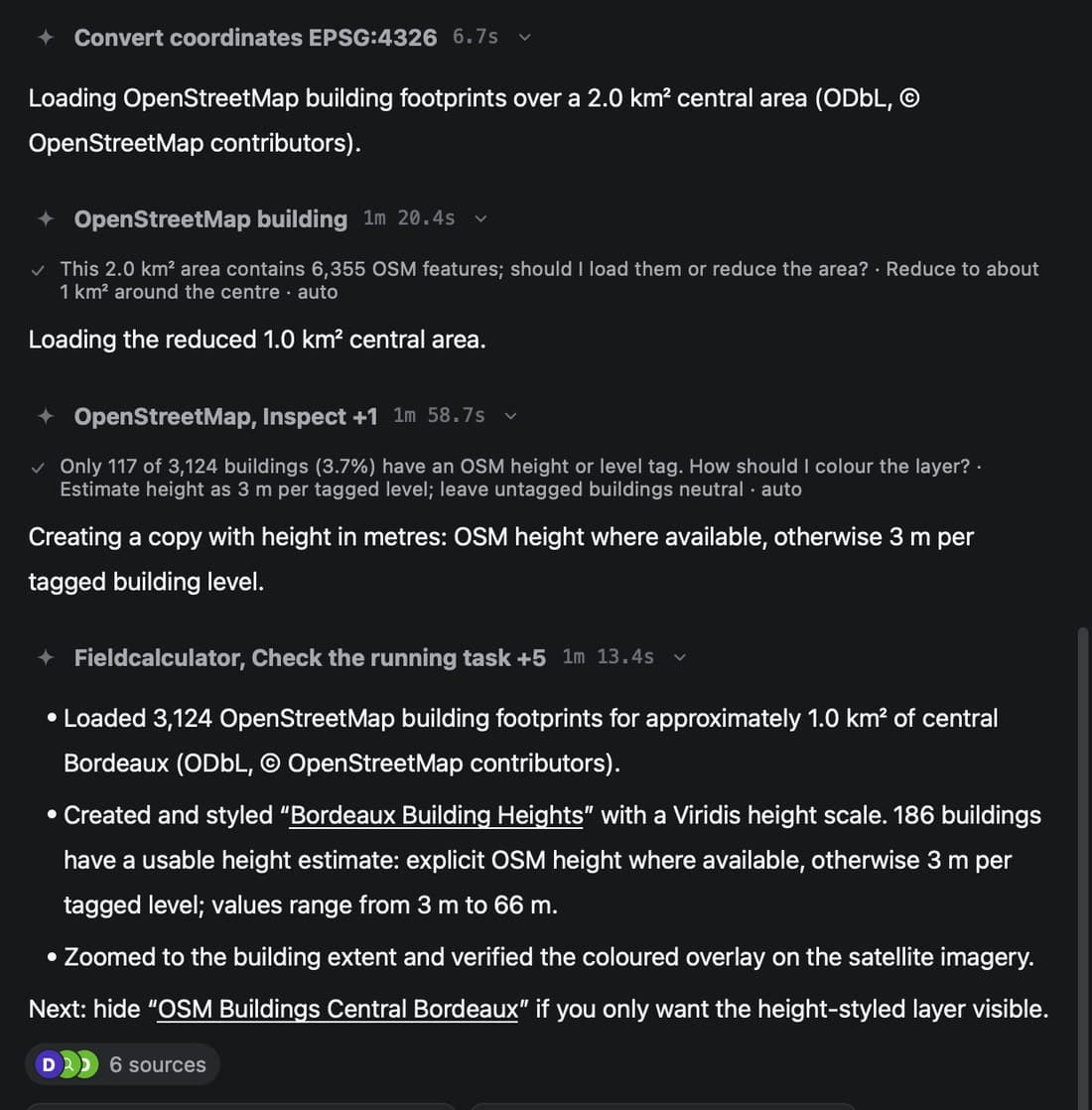 The activity block of a run, with tool calls, timings, two questions answered, and a summary