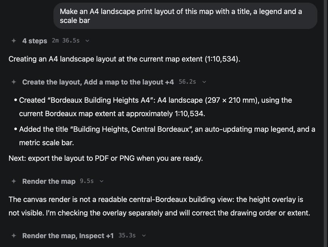 The agent rendering the map, judging the result not readable, and announcing it will correct the drawing order