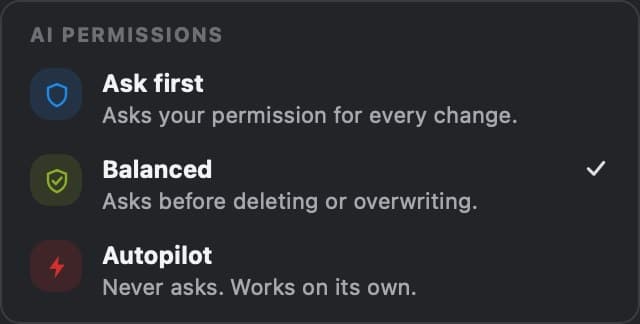 The permission popover with Ask first, Balanced and Autopilot