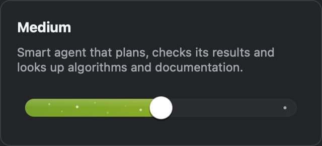 The effort popover, a three-stop slider sitting on Medium