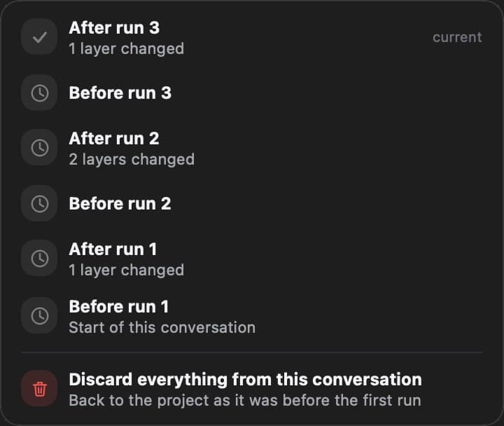 The restore sheet listing After run 3, Before run 3, down to the start of the conversation