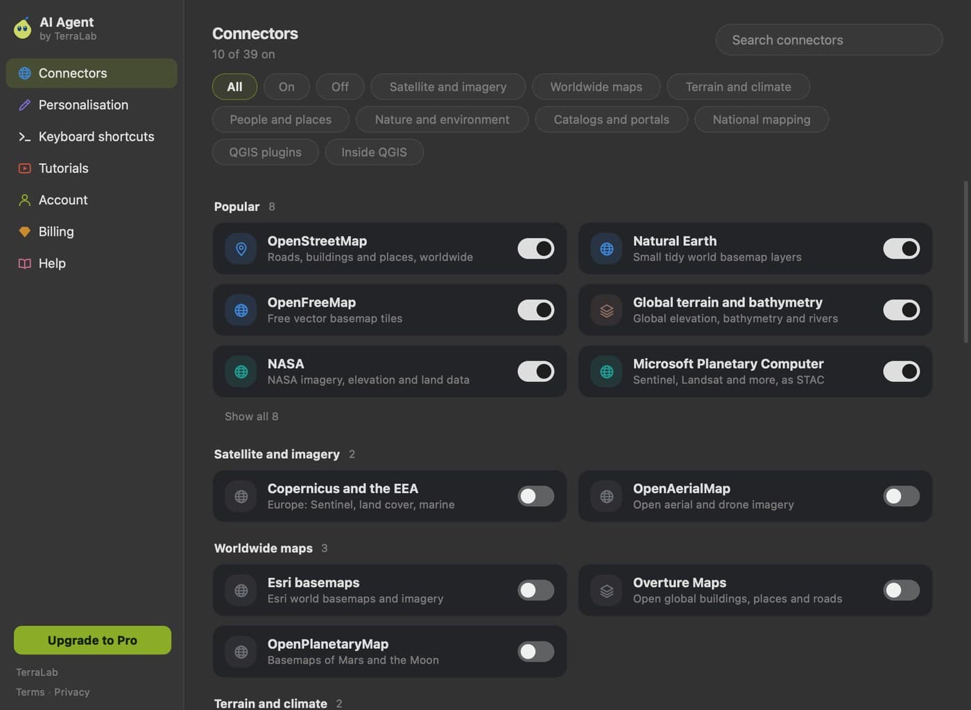 The connectors page in AI Agent settings, with category pills and one switch per source