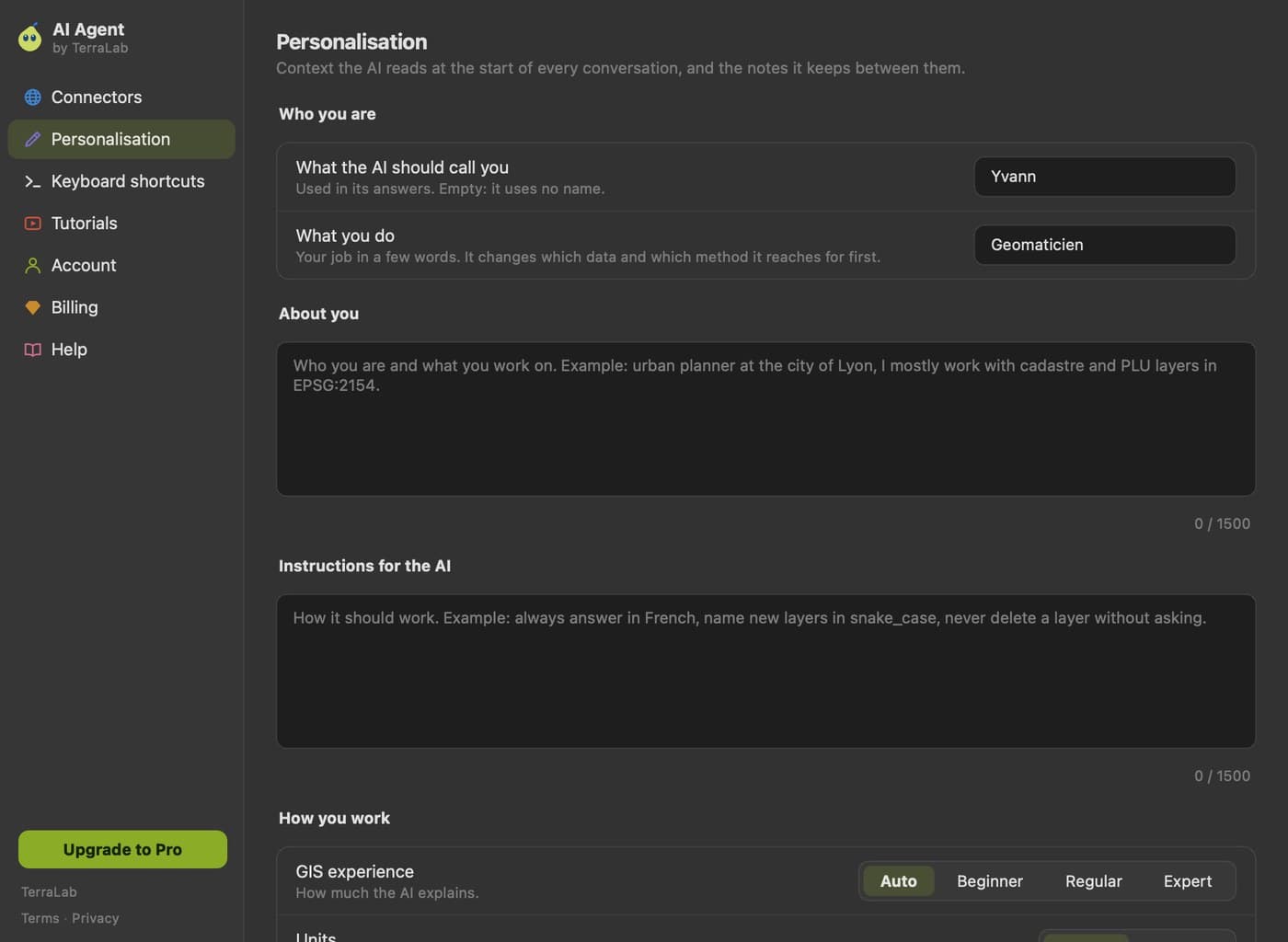 The personalisation page with identity, about you, instructions and how you work