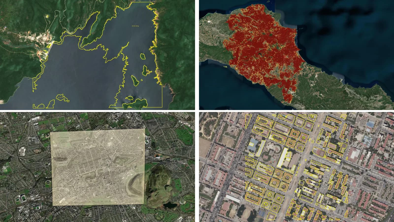 Four results made by AI Agent in QGIS from one message each: an old map of Edinburgh georeferenced, the 2021 Evia wildfire burn severity, the Grand Ethiopian Renaissance Dam reservoir filling, and buildings detected in Seville.