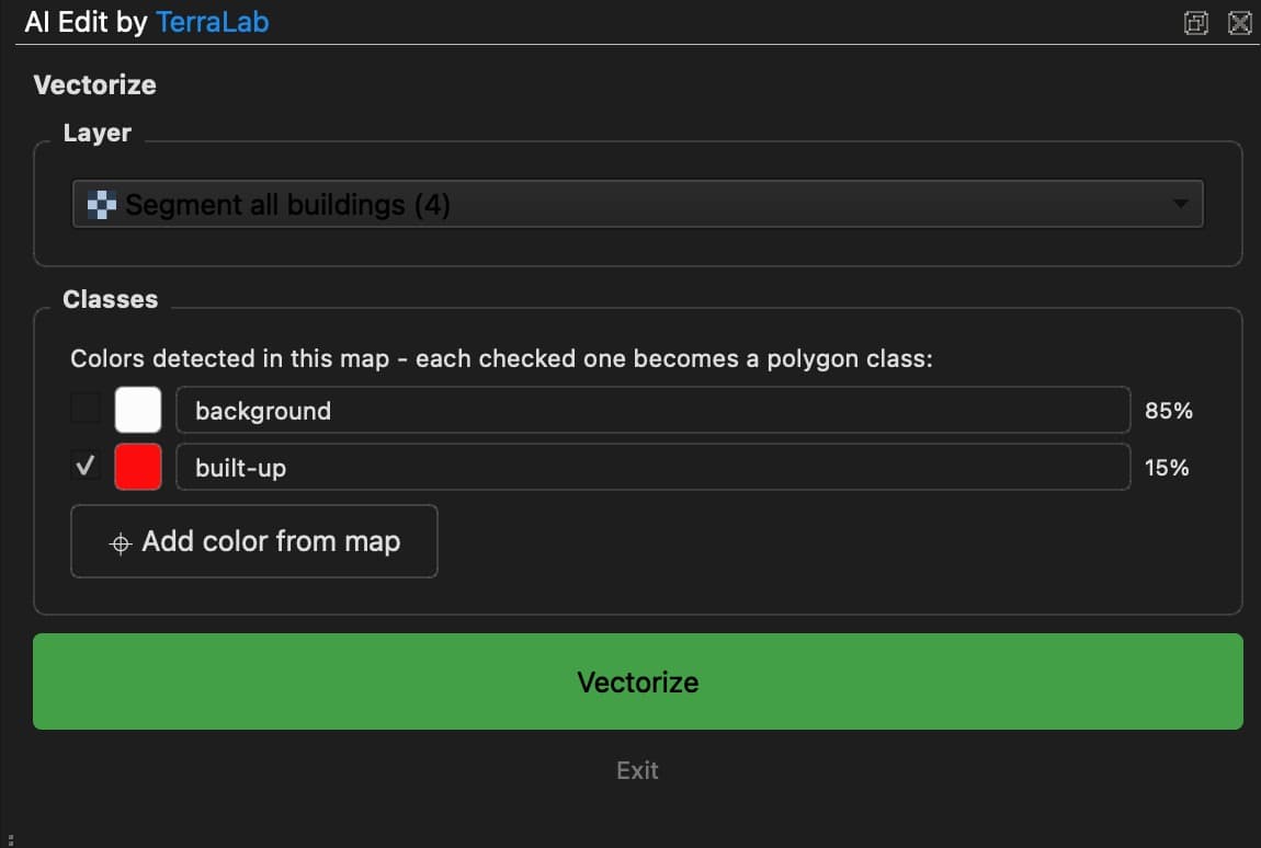The Vectorize panel with the detected classes