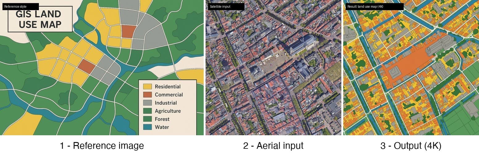 Reference legend, aerial image input, and the land use map result at 4K