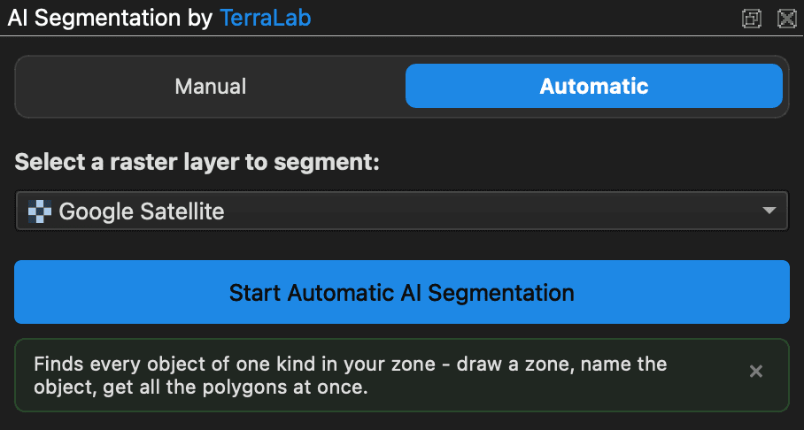 The AI Segmentation panel in QGIS with the Semi-Auto and Automatic switch