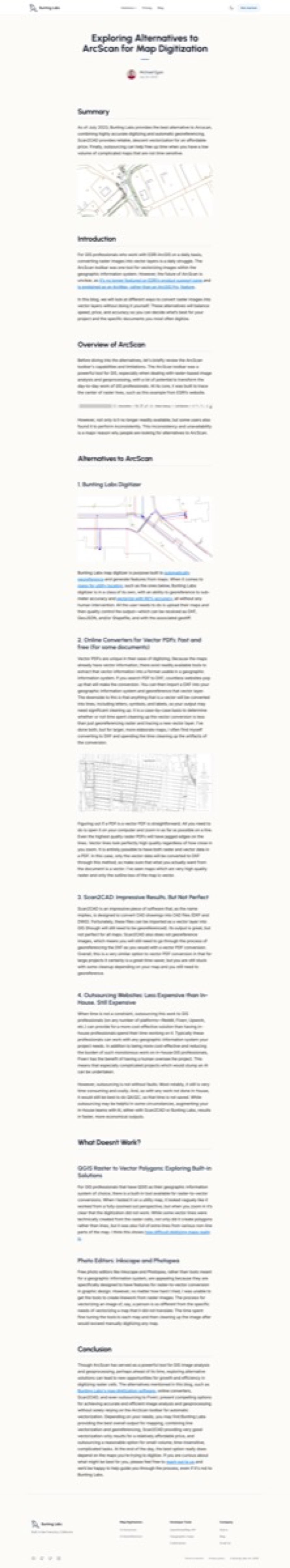 Bunting Labsのブログ記事「ArcScanの地図デジタイズ向け代替ツールを探る」。灰色のutility plan、オンラインベクターPDF converterやScan2CADを含む4つの代替手段の番号付きリスト、そしてQGIS raster to vector polygonsに関する節を含む「うまくいかないこと」のセクションが表示されている。