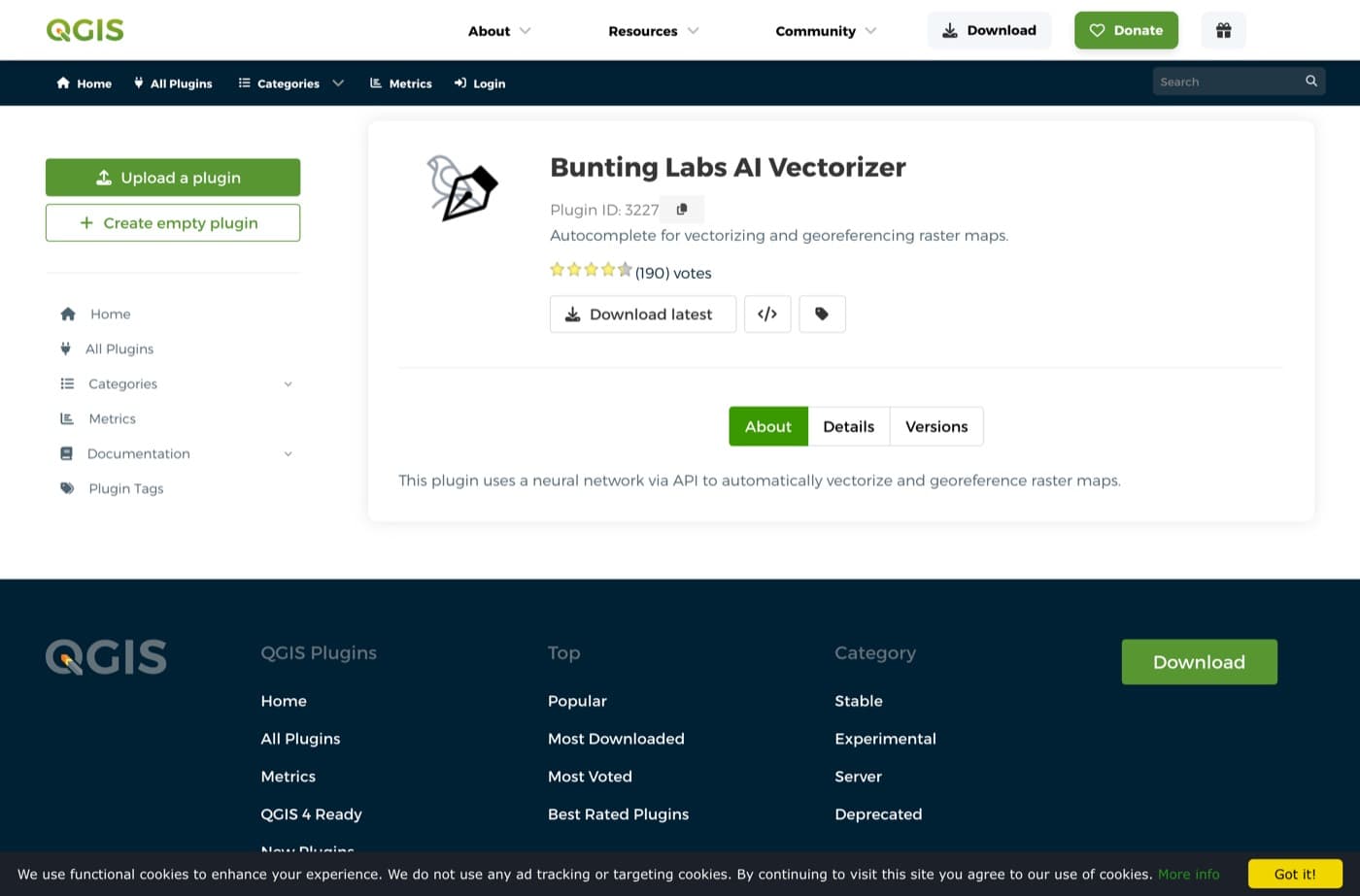 QGIS plugin repositoryにあるBunting Labs AI Vectorizerの登録ページ。plugin IDは3227で、raster mapのベクター化とジオリファレンスのautocompleteと説明され、190票を超える星評価、ダウンロードボタン、そして「このpluginはAPI経由のneural networkを使ってraster mapを自動的にベクター化・ジオリファレンスする」と書かれたAboutタブが表示されている。