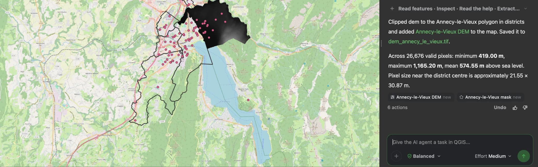 QGIS showing an OpenStreetMap basemap of Annecy and its lake, with the Annecy-le-Vieux district clipped from the elevation model in grey tones and the school points in pink. The AI Agent panel on the right says it clipped the dem to the Annecy-le-Vieux polygon and saved it, then lists 26,676 valid pixels with a minimum of 419.00 m, a maximum of 1,165.20 m and a mean of 574.55 m, the two new layers and 6 actions.