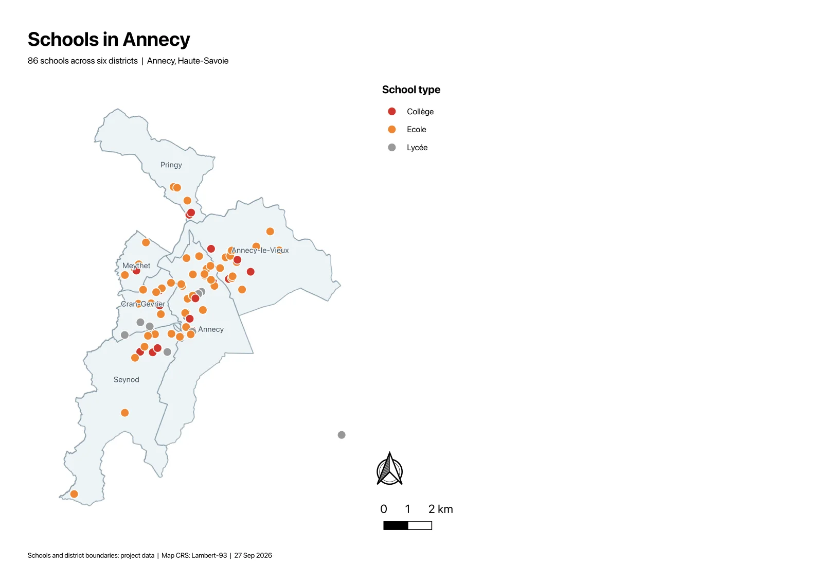 An A4 landscape print layout titled Schools in Annecy, with the subtitle 86 schools across six districts, Annecy, Haute-Savoie. The six districts are drawn in pale blue with their names, the schools as red, orange and grey dots, a legend for Collège, Ecole and Lycée, a north arrow, a 2 km scale bar and a source line saying Map CRS Lambert-93.
