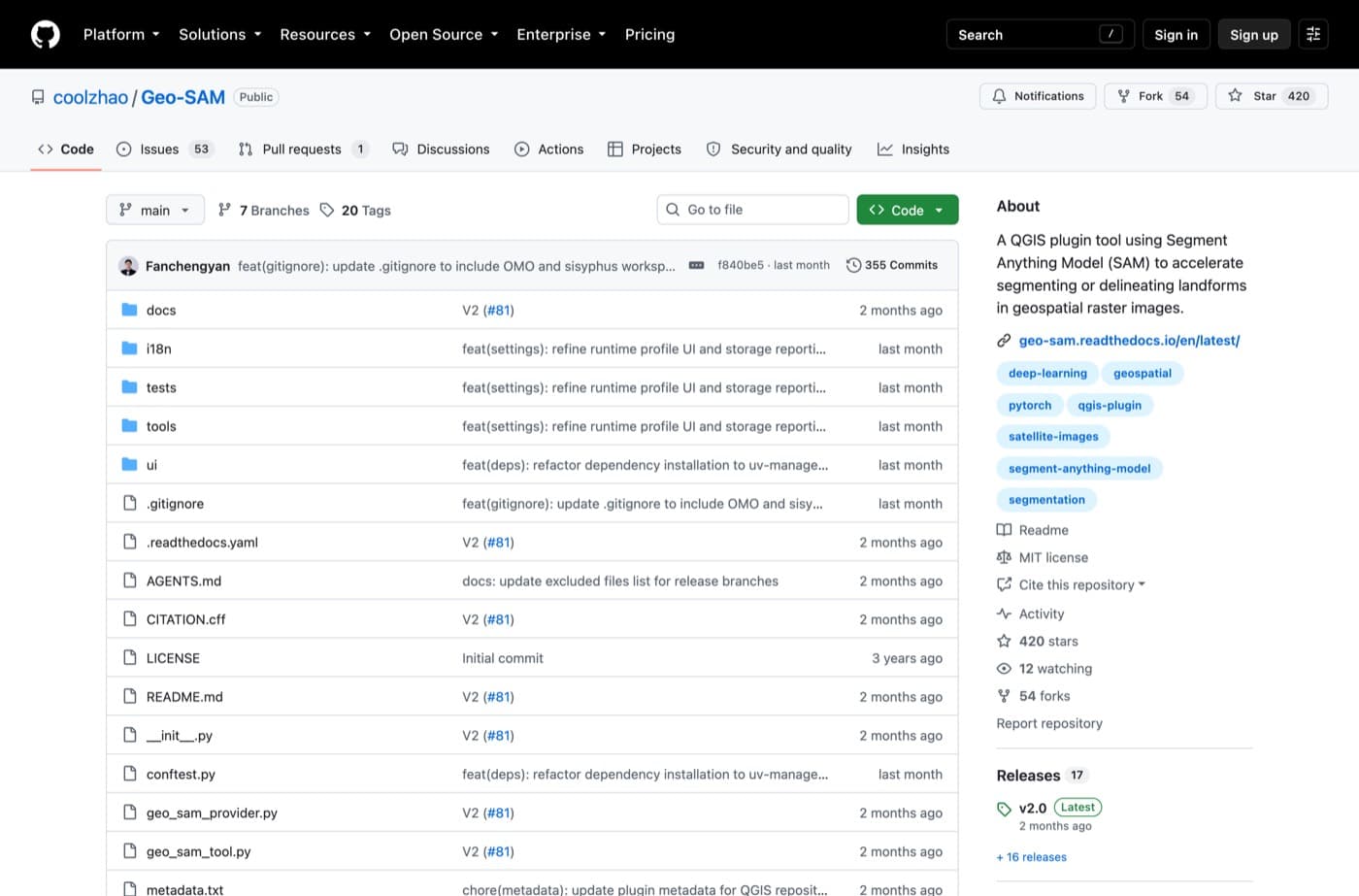 Das coolzhao-Geo-SAM-Repository auf GitHub mit MIT-Lizenz, den Ordnern docs, i18n, tests, tools und ui sowie Release v2.0 als neuestem Eintrag