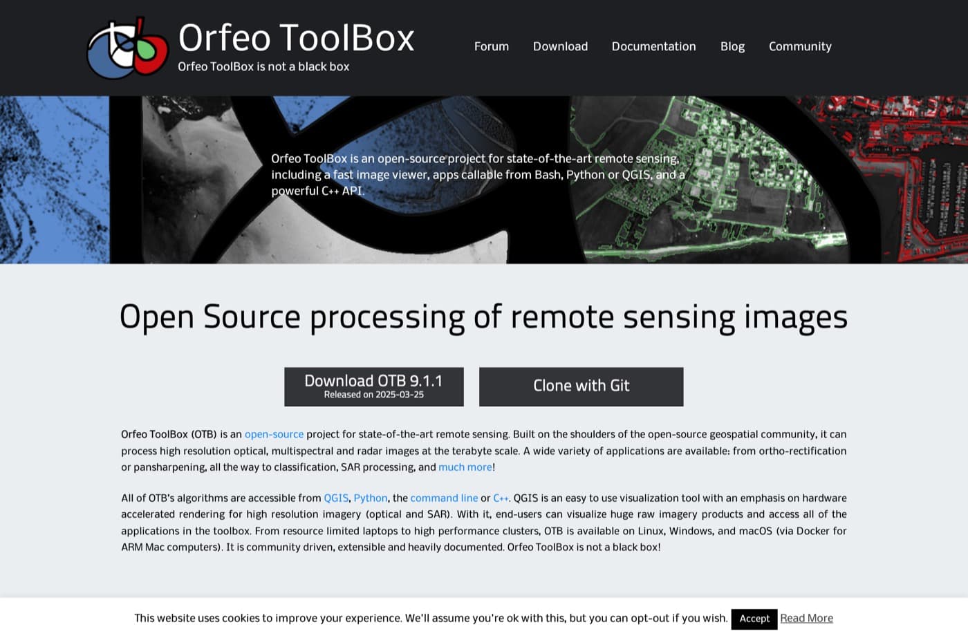 The Orfeo ToolBox home page, with the OTB logo, the line describing it as an open-source project for state-of-the-art remote sensing, and links to the download and documentation sections