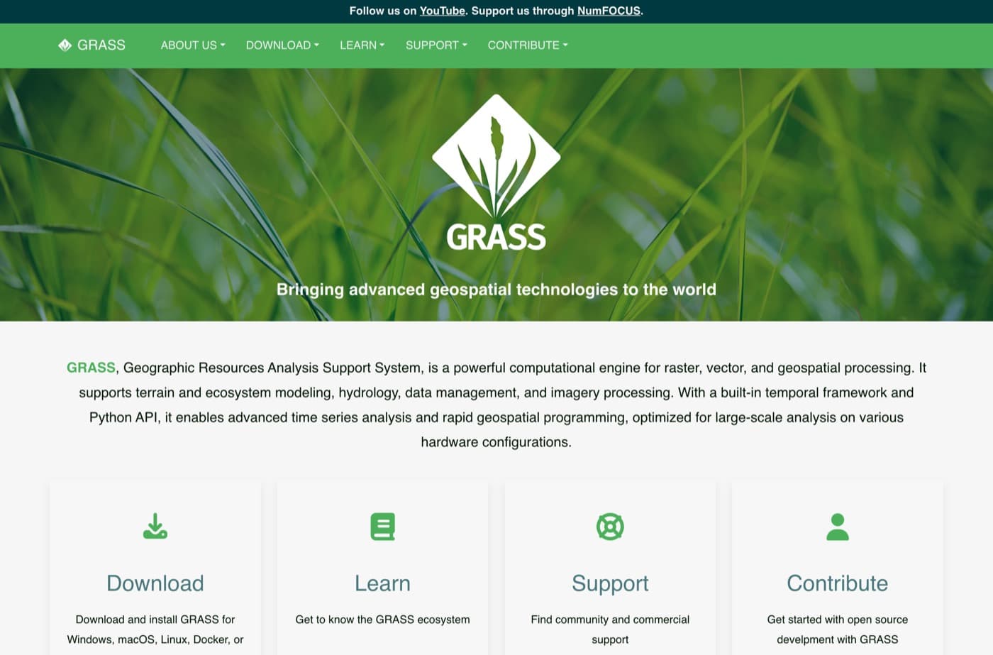 The GRASS GIS home page, showing the GRASS logo, the tagline describing it as a geospatial processing engine, and the download and documentation navigation