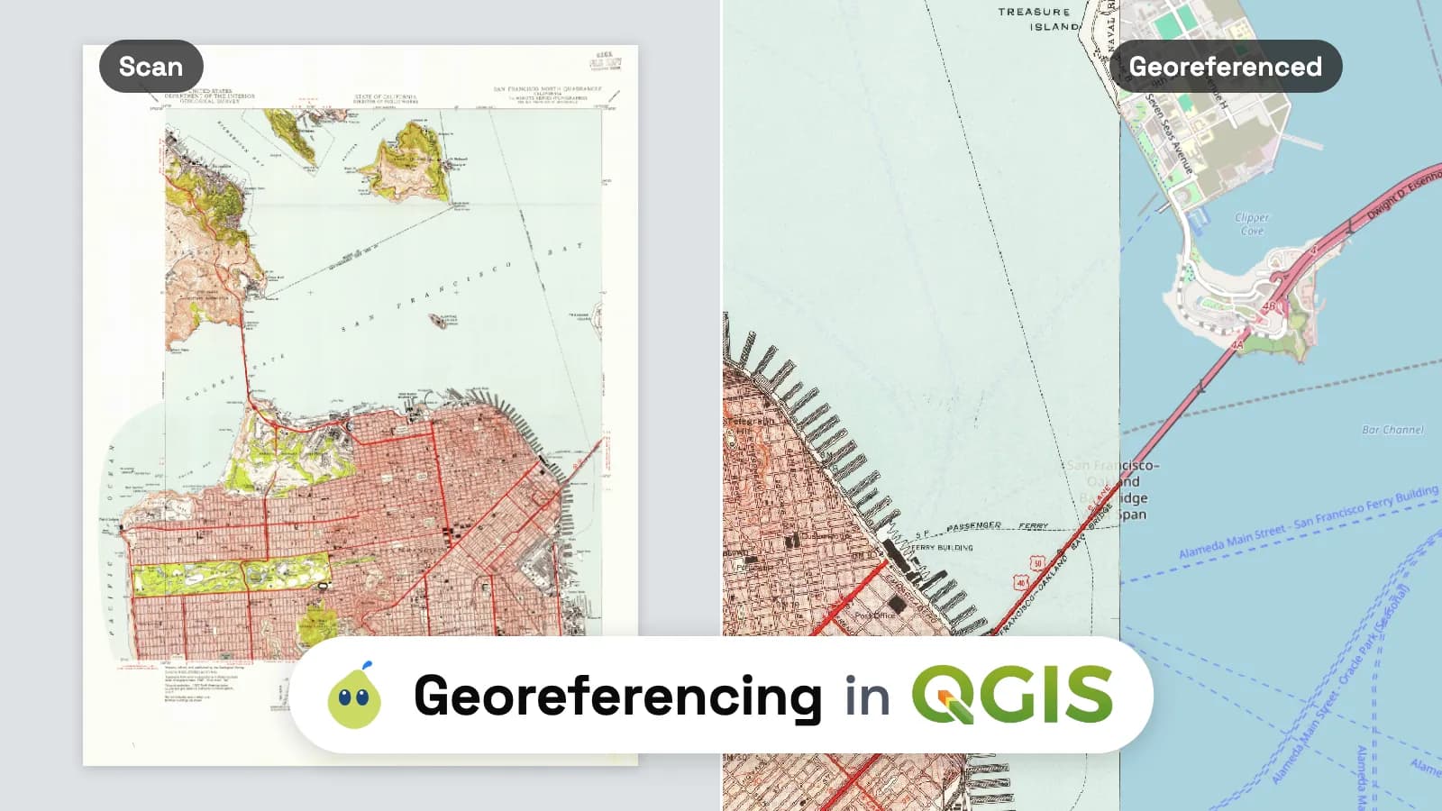 A 1947 USGS topographic map of San Francisco split in two: on the left the plain scan, on the right the same map georeferenced and laid over OpenStreetMap, the Bay Bridge continuing past the map's edge, under the title Georeferencing in QGIS.
