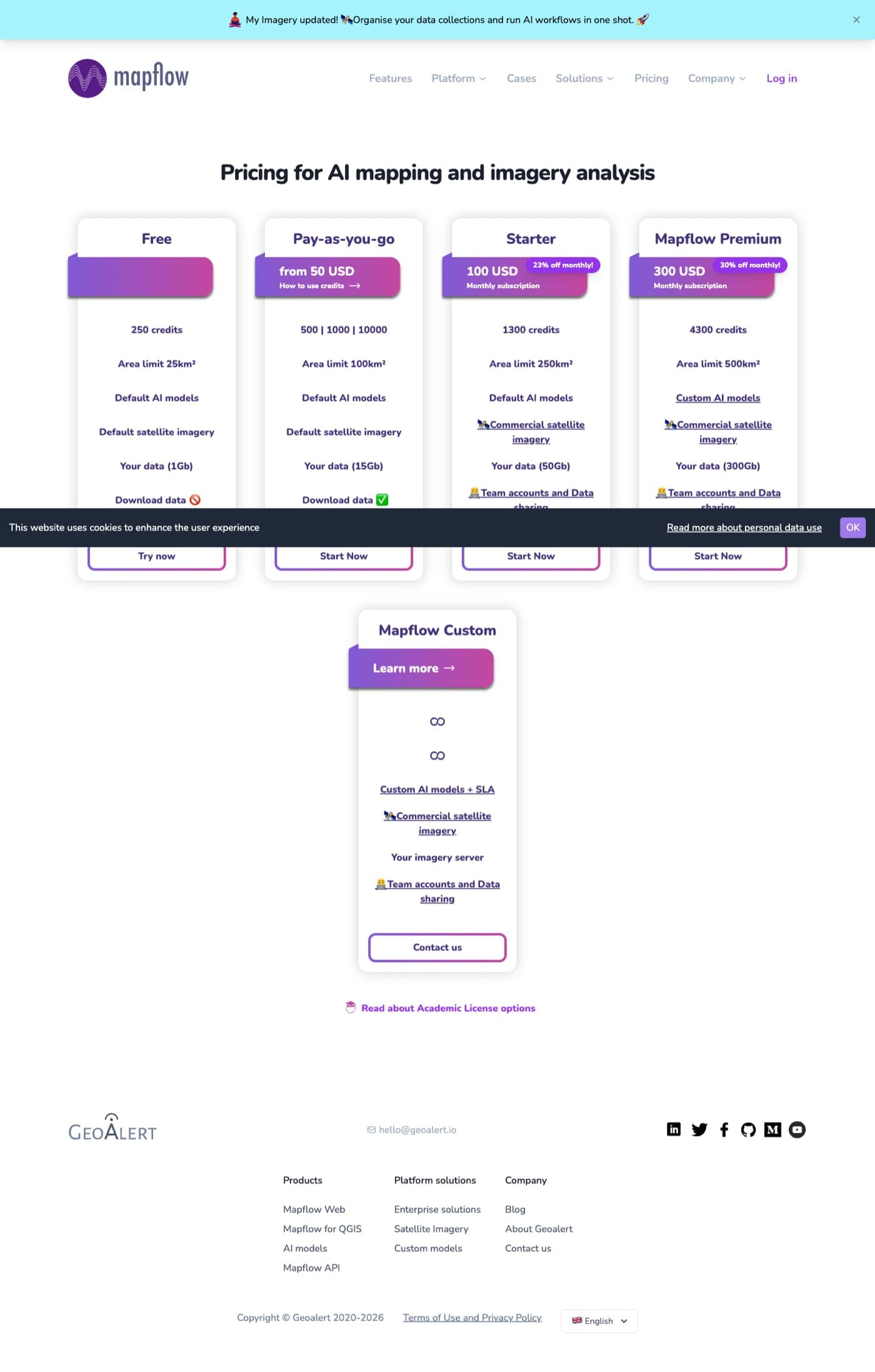 Halaman harga Mapflow dengan empat kartu: Free dengan 250 credit dan batas area 25 kilometer persegi, Pay-as-you-go mulai dari 50 USD, Starter seharga 100 USD untuk 1300 credit, dan Premium seharga 300 USD untuk 4300 credit.