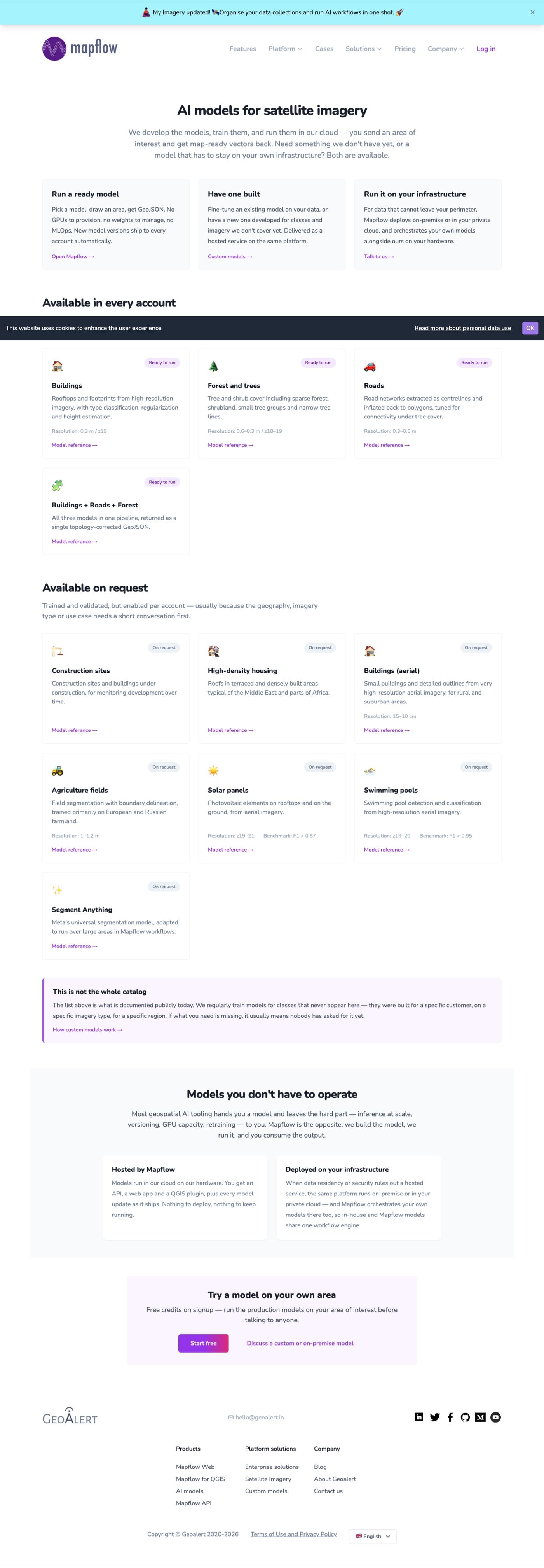 Halaman model AI Mapflow, dengan empat model bertanda Ready to run (Buildings, Forest and trees, Roads, Buildings plus Roads plus Forest) dan tujuh bertanda On request, termasuk Construction sites, Solar panels, Swimming pools, dan Segment Anything.