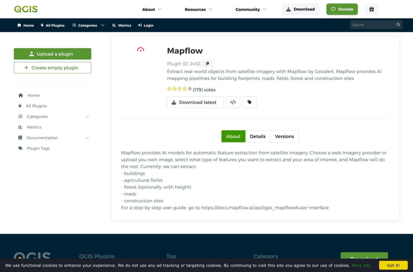 Entri Mapflow di repositori plugin QGIS, plugin ID 2452, dengan deskripsi yang mencantumkan buildings, agricultural fields, forest, roads, dan construction sites.