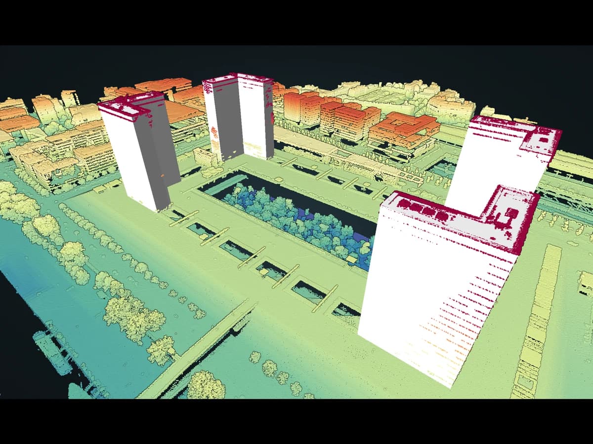 Uma nuvem de pontos LiDAR HD do levantamento nacional francês, colorida por classe, sobre a Bibliothèque nationale de France.