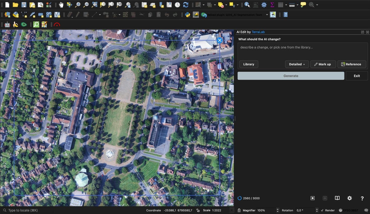 QGIS avec le panneau AI Edit ouvert et une zone rectangulaire dessinée autour de Broadway Gardens
