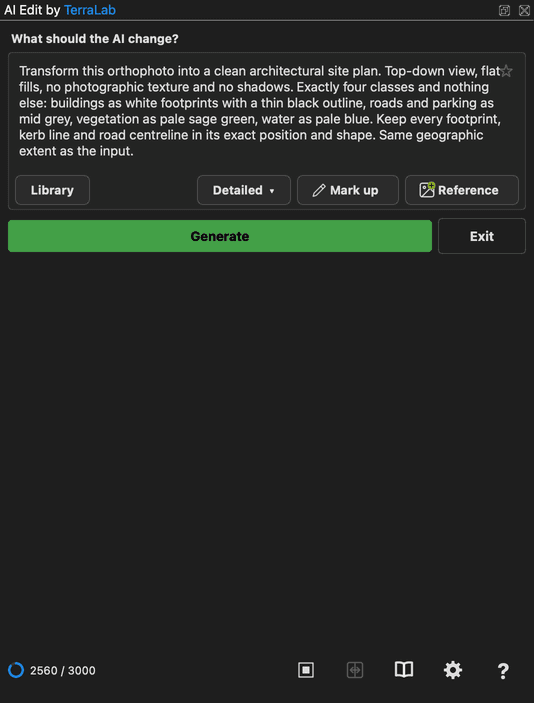 Le panneau AI Edit avec le prompt du plan de masse saisi et le bouton Generate activé