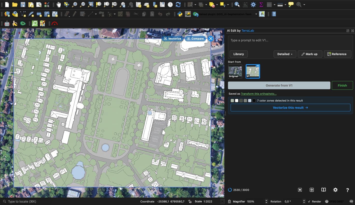 Canevas QGIS affichant la couche de plan de masse générée au-dessus de l'image satellite, avec le panneau AI Edit à droite