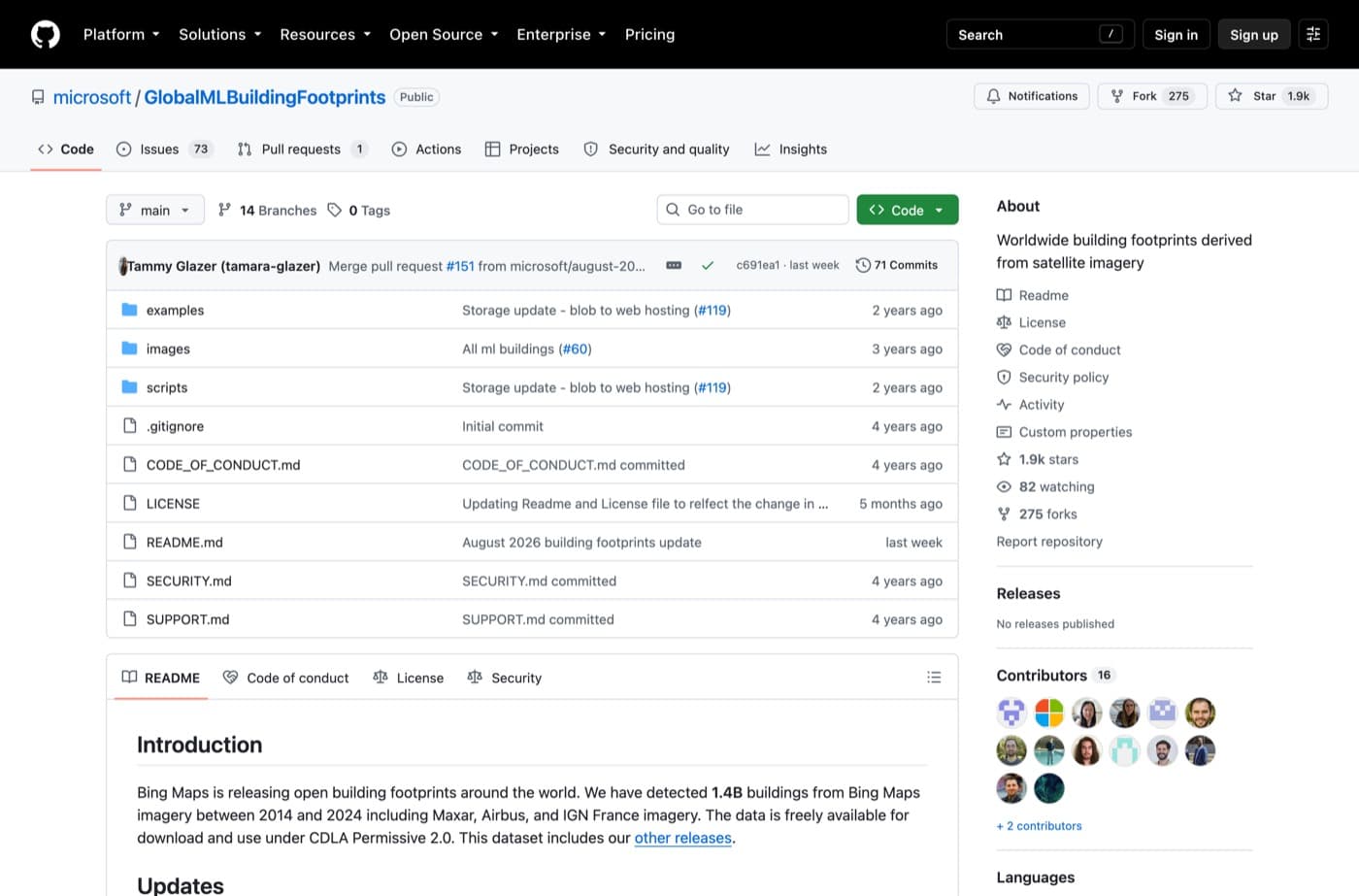 The microsoft slash GlobalMLBuildingFootprints repository on GitHub, showing the introduction with the 1.4 billion buildings figure and the CDLA Permissive 2.0 licence, above the dated list of dataset updates