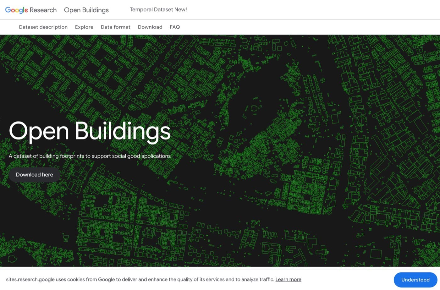 The Google Research Open Buildings site, with the dataset description stating 1.8 billion building detections across an inference area of 58 million square kilometres, and the confidence-coloured data explorer map below it