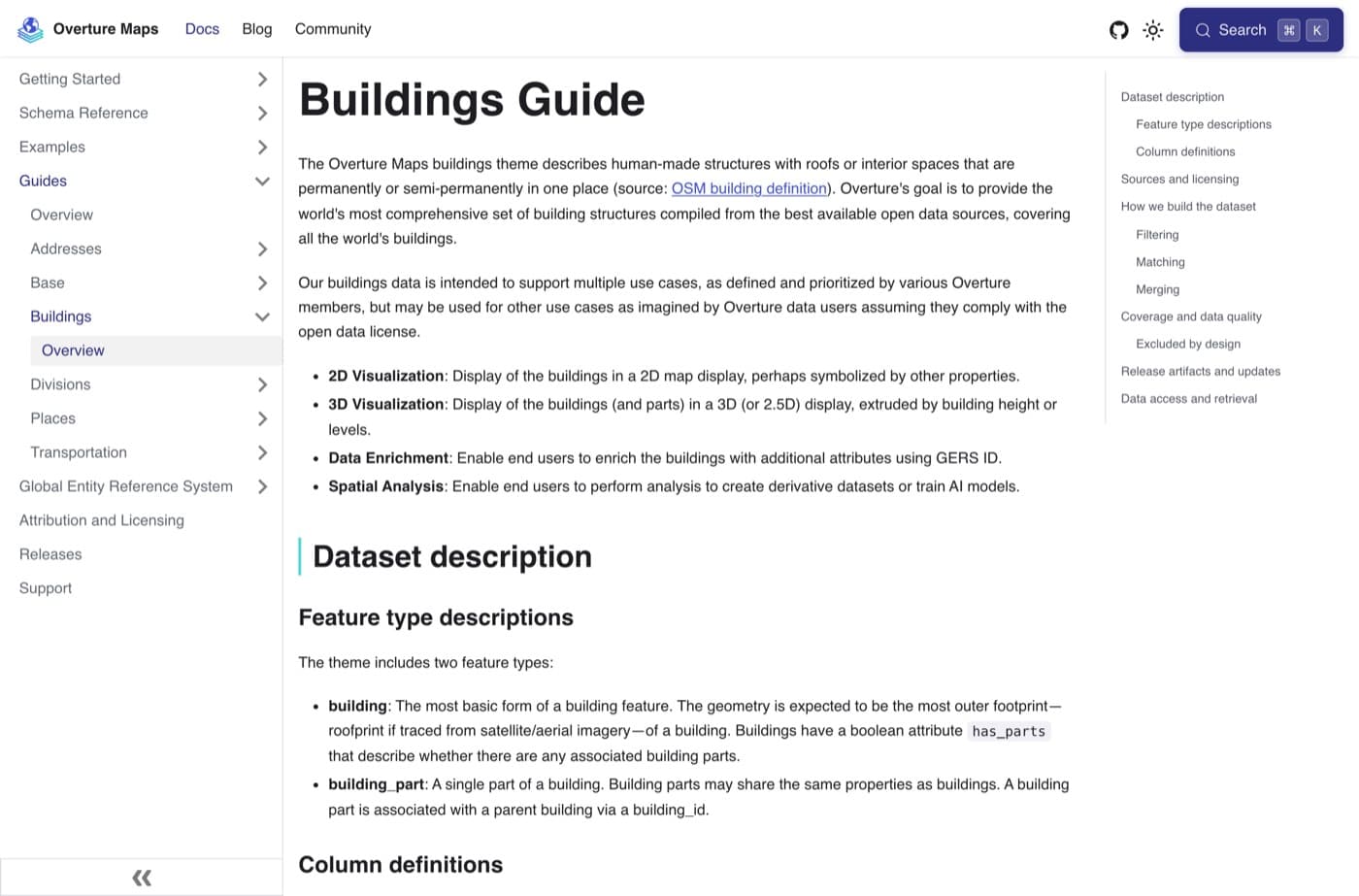 The Overture Maps buildings guide, showing the feature type descriptions for building and building part, and the sources and licensing section listing OpenStreetMap, Esri Community Maps, Microsoft and Google Open Buildings