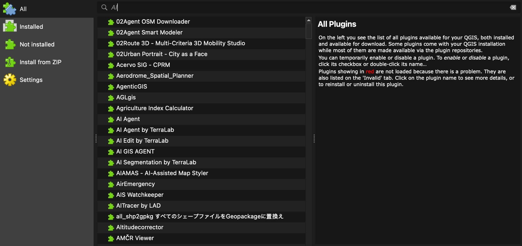 The QGIS Plugin Manager, All tab, with AI typed in the search box. The list shows plugins such as 02Agent OSM Downloader, AgenticGIS, Agriculture Index Calculator, AI Agent, AI Agent by TerraLab, AI Edit by TerraLab, AI GIS AGENT, AI Segmentation by TerraLab and AIAMAS AI-Assisted Map Styler. The right pane explains how to enable and install plugins.