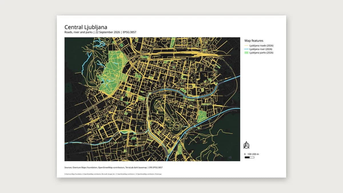 A print layout of central Ljubljana built by AI Agent