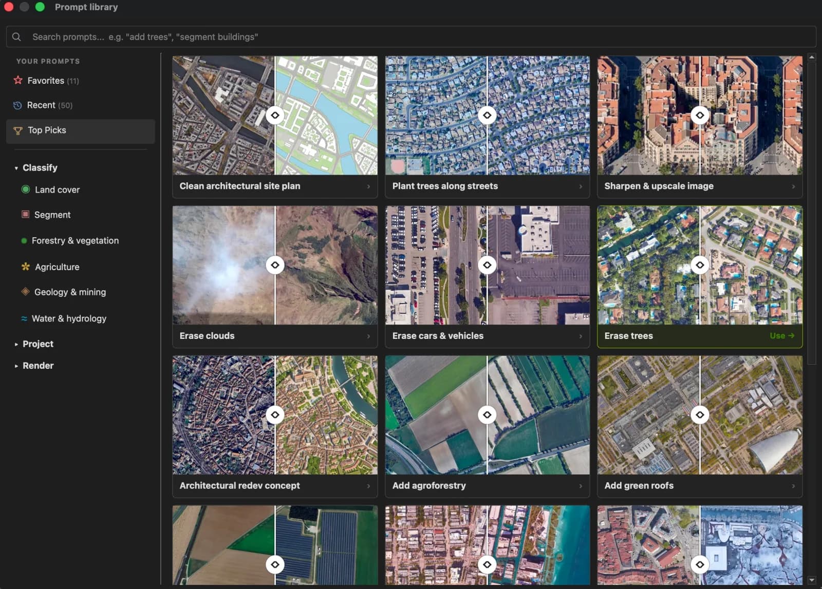 Biblioteca de prompts do AI Edit dentro do QGIS, com categorias e miniaturas de modelos