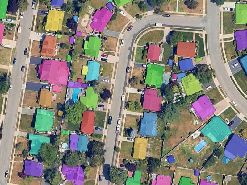 House roofs detected by AI Segmentation, each drawn as a coloured polygon