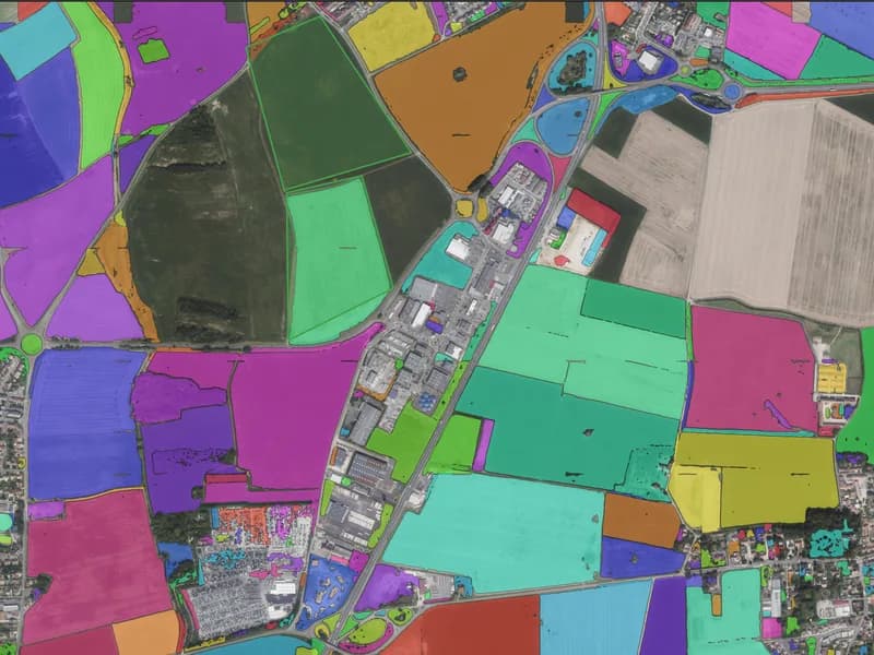 Farm fields detected by AI Segmentation, each drawn as a coloured polygon
