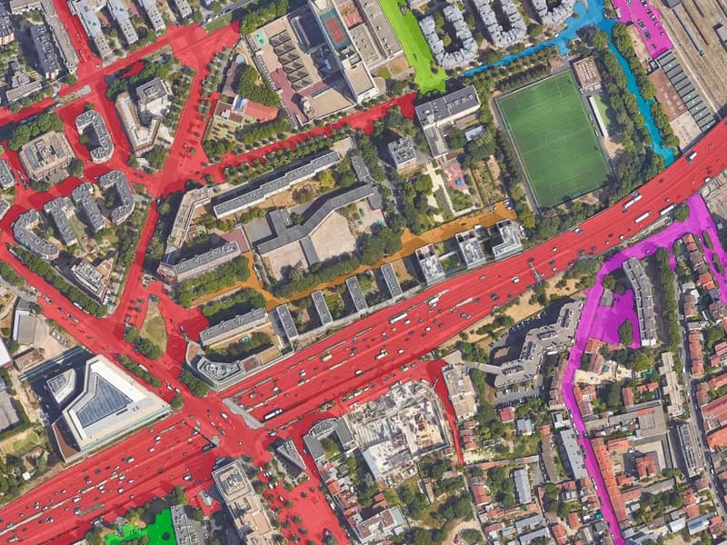 Un quartiere urbano denso visto dall'alto, con la superficie stradale riempita lungo l'intera rete