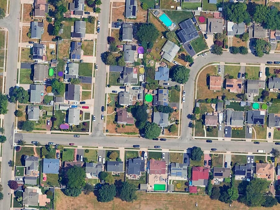 空から見た郊外の住宅と、それぞれ別の色で塗られた検出済みの裏庭のプール