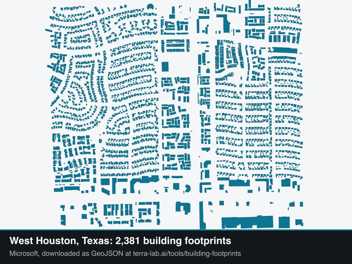 Building footprints of west Houston, Texas in teal, curved cul-de-sac streets of detached houses