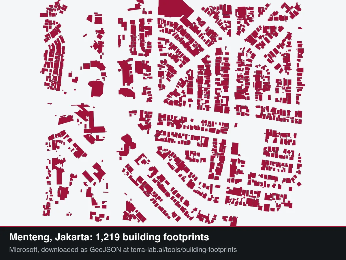 Building footprints of Menteng in Jakarta in crimson, dense small buildings around larger plots