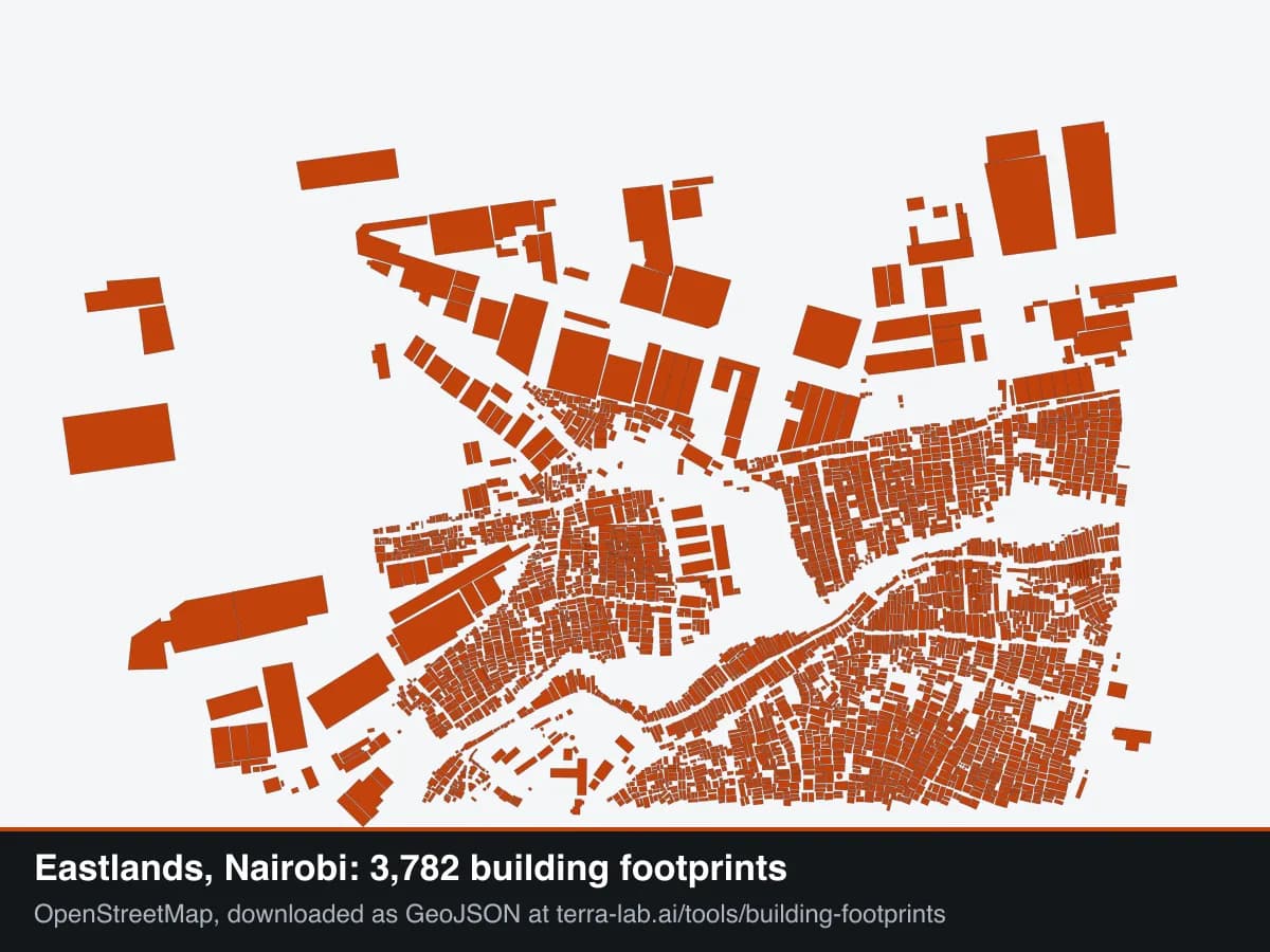 Building footprints of Eastlands in Nairobi in orange, thousands of small buildings packed together