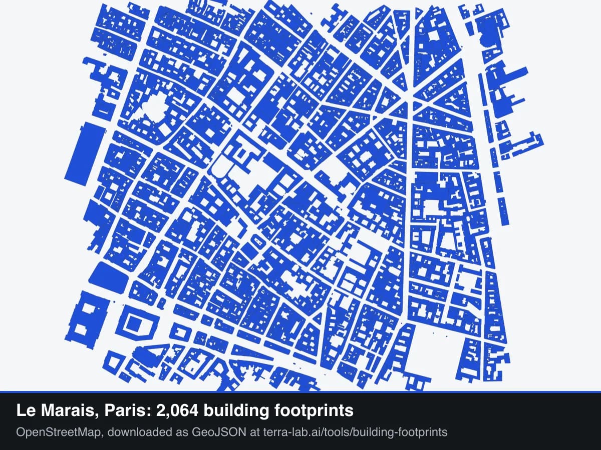 Building footprints of Le Marais in Paris, dense blue blocks with open courtyards between them