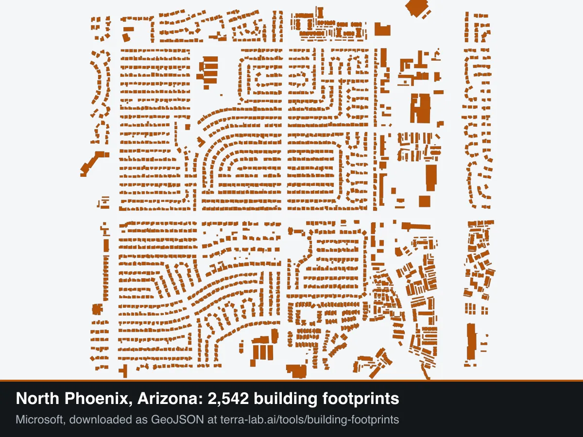 Building footprints of north Phoenix, Arizona in amber, a regular grid of detached houses