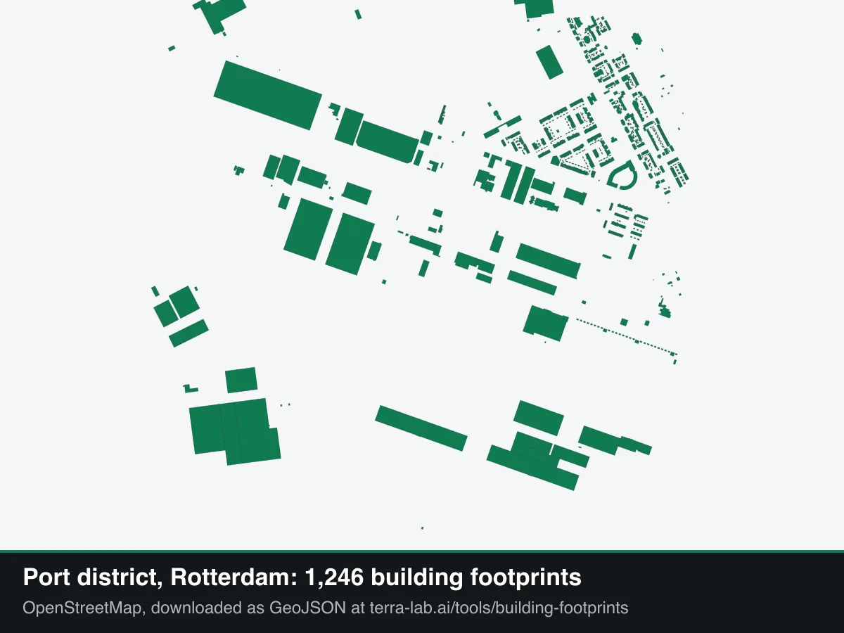 Building footprints of the Rotterdam port district in green, large warehouses next to rows of houses