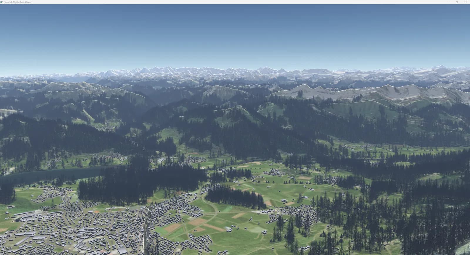 Digital Twin 3D render: Alps with buildings and vegetation