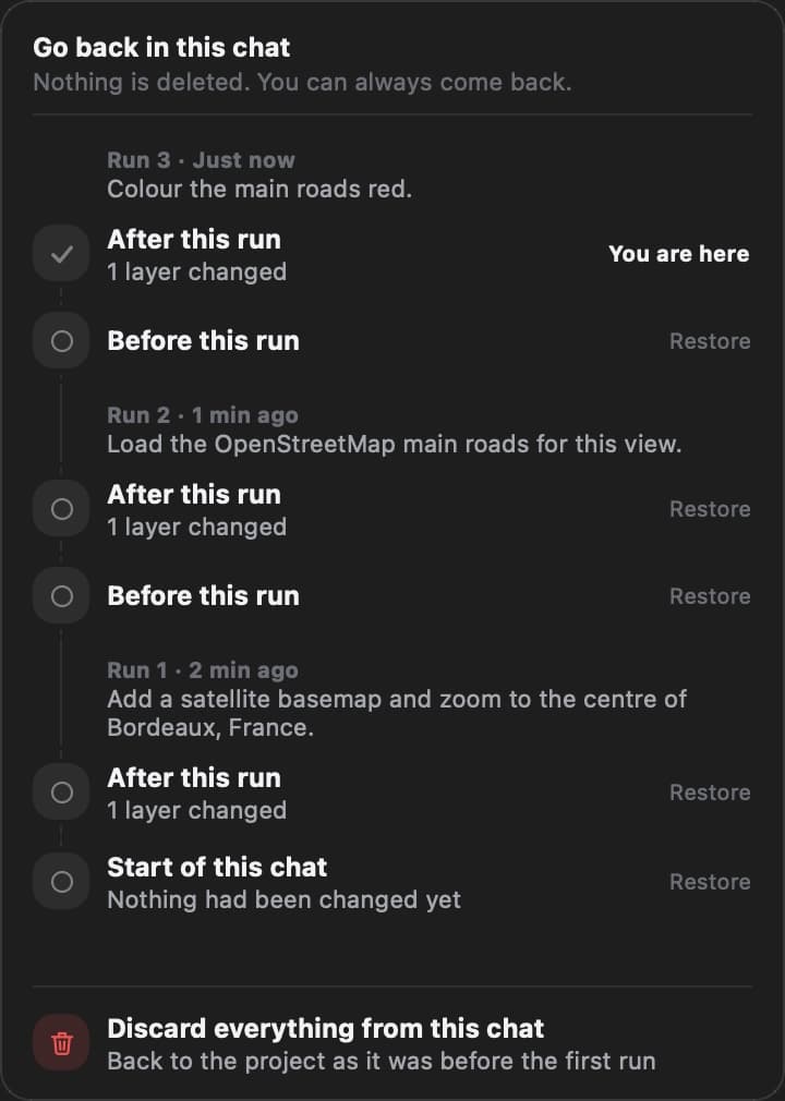 The checkpoint sheet listing the state before and after a message