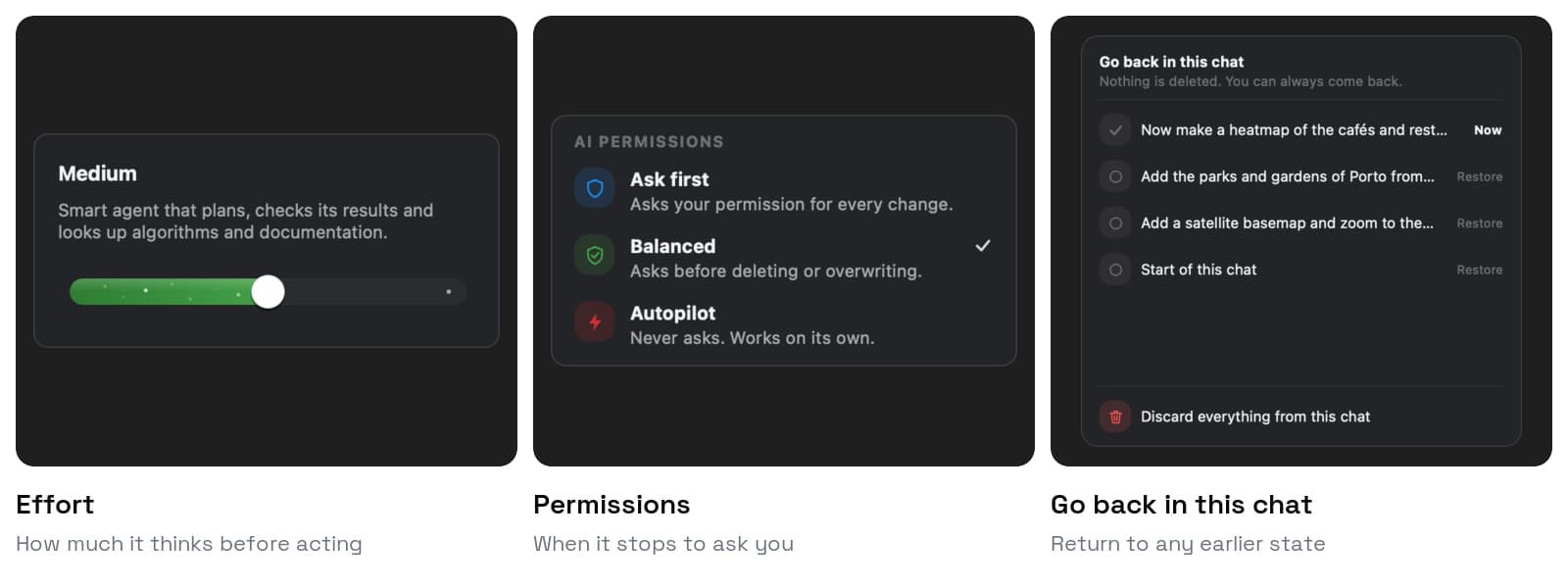 Drei Bedienelemente von AI Agent: der Effort-Regler auf Medium, das Permissions-Menü mit Ask first, Balanced und Autopilot sowie das Blatt Go back in this chat, das jede Nachricht auflistet