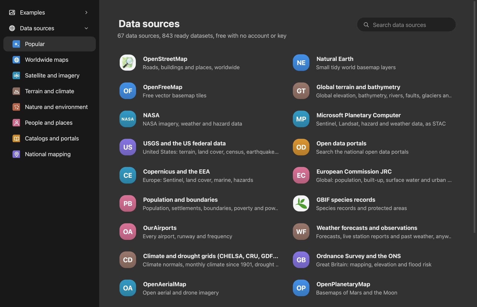 Die Seite Data sources von AI Agent: 67 Datenquellen, 843 fertige Datensätze, mit OpenStreetMap, NASA, USGS, Copernicus, Natural Earth, Microsoft Planetary Computer und mehr
