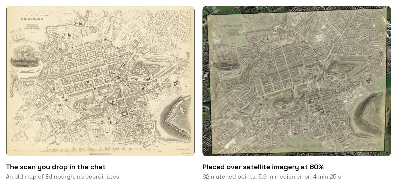Links: eine gescannte alte Karte von Edinburgh ohne Koordinaten. Rechts: dieselbe Karte über Satellitenbildern mit 60 Prozent Deckkraft