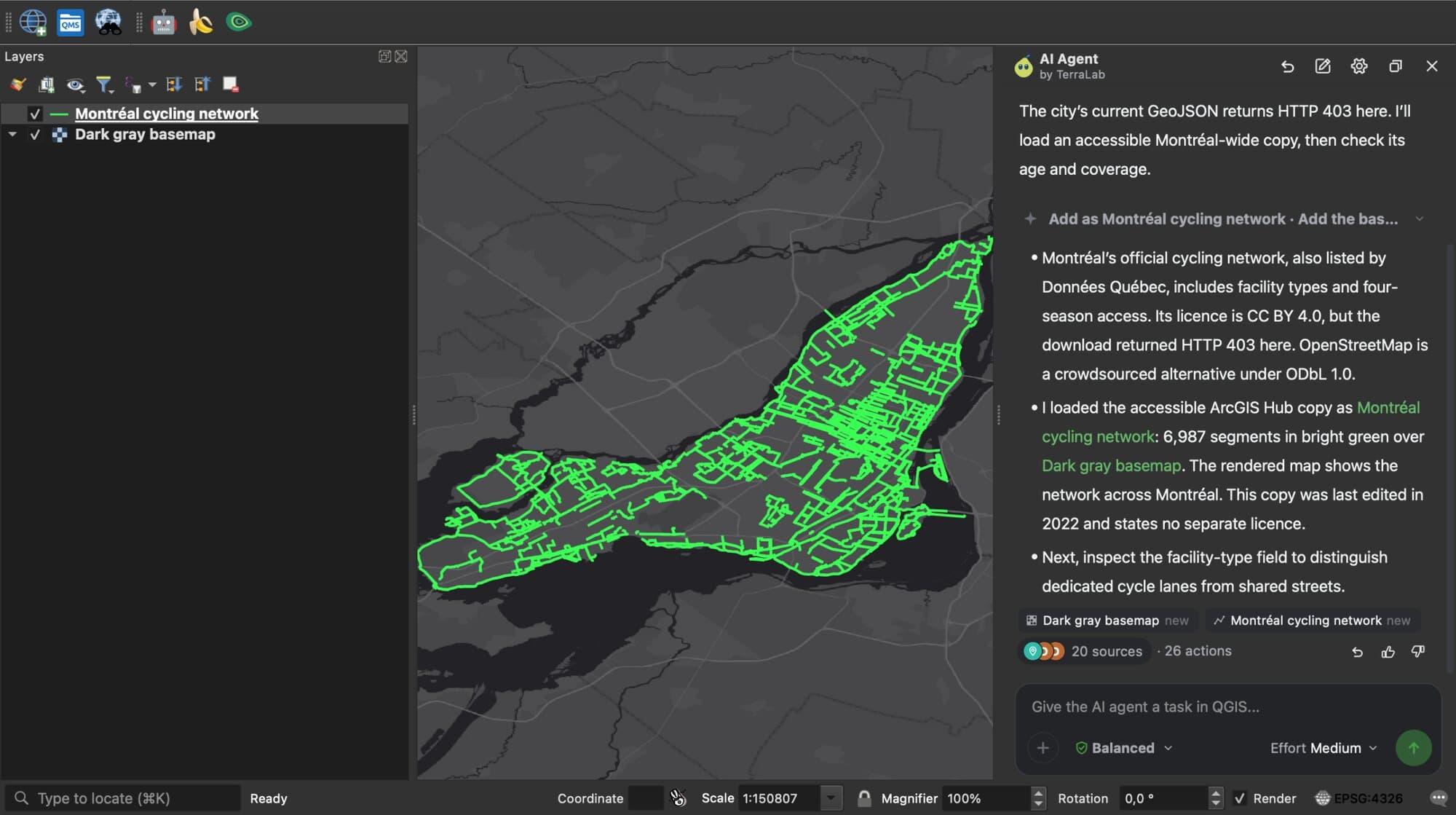 QGIS with Montreal's cycle network in bright green over a dark basemap, and the AI Agent panel on the right with its answer, the layers it added and the sources it checked