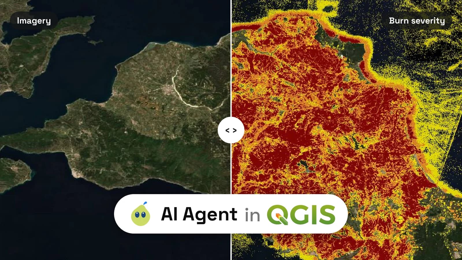 QGIS 中的 AI Agent:左侧为埃维亚岛北部的卫星影像,右侧为 Agent 据此生成的火烧严重程度图。